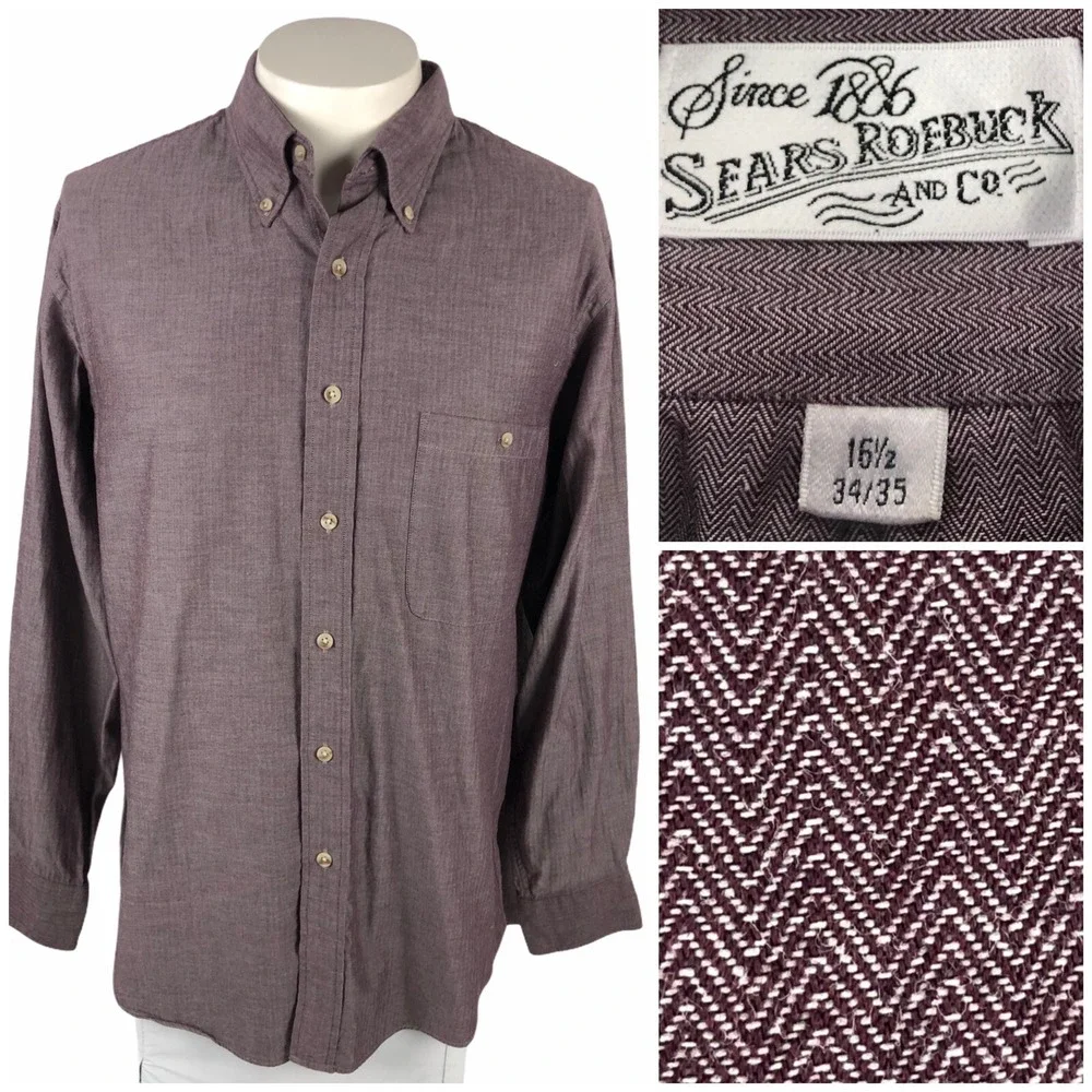 Sears Roebuck Mens 16 1/2 - 34/35 Shirt Herringbone Single Needle Vintage EUC